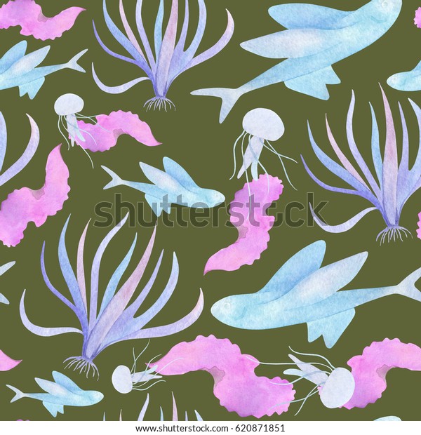 Watercolor Underwater Pattern Blue Sea Lily Stock Illustration 620871851