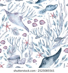 Watercolor underwater scene featuring marine life, stingrays, starfish, and seaweed in soft pastel colors. Underwater seamless pattern of creatures, plants isolated for marine design, home textile.