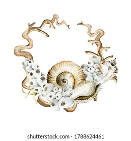 Watercolor underwater set- hand painted wreath of oceanic shells, sea coral reef, seaweed. Undersea illustration perfect for fabric textile, prints, home interior, design, wedding cards