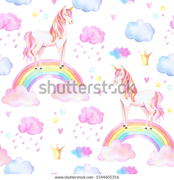 Watercolor unicorns pattern with rainbows and clouds. Cute watercolor texture.
