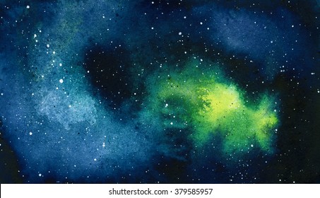 Watercolor universe filled with stars, nebula and galaxy.
Watercolor abstract background of universe bodies