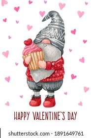 Watercolor Valentine Gnomes Clipart, Love Nordic Gnomes, Scandinavian Gnome, Boy Gnome With A Big Cupcake. Valentine's Day Postcard