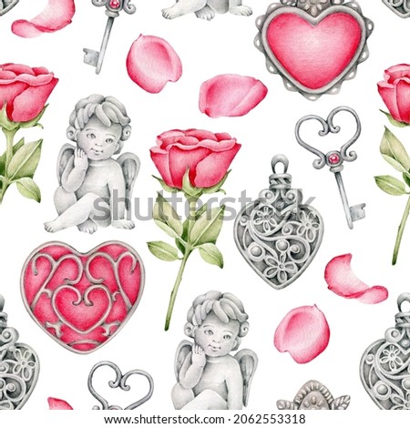 Watercolor valentine pattern with angel cupid,rose,petals,hearts,key.Romantic background