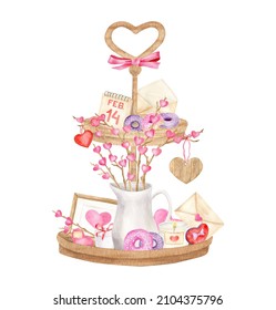 Watercolor Valentine's day decoration. Hand painted wood tiered tray illustration with cute decor isolated on white background. Romantic serving stand with vase with branches, hearts, desserts