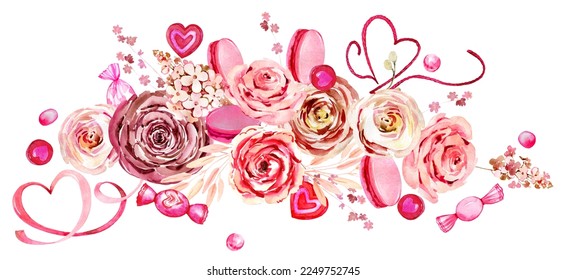 Watercolor Valentine's day fancy floral and sweet border. Boho romantic beige and pink roses, hearts, bows, macaroons, sweets design. Love symbols arrangement. Greeteng card, postcard, backdrop, print - Powered by Shutterstock