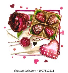 Watercolor Valentines Day gift box hand painted illustration. Composition of romantic design elements: chocolate strawberries, vintage envelope, handmade heart, rose flower. Decor for cards, banners.