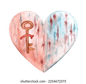 Watercolor valentine's day heart and wooden cracked old retro texture and bronze key nailed and rusty nail Concept strong love feelings  Isolated