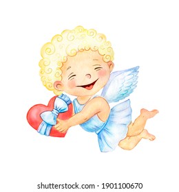 Watercolor Valentine's day illustration with cute angel cupid