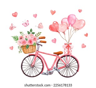 Watercolor Valentine's day illustration cute pink bicycle  balloons    floral basket and roses  hearts    butterflies 