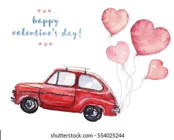 Watercolor Valentine's Day illustration with pink heart-shaped balloons and red car