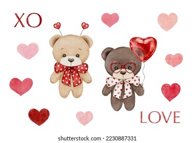 Watercolor Valentine's day illustration set, romantic elements. Cute cartoon teddy bears, pink and red hearts, love, xo. Collection of hand-drawn elements isolated on white background - Powered by Shutterstock