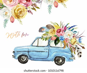 Watercolor Valentine's Day illustration w/ blue car & flower floral bouquet, corner / frame / border composition. Boho feather, arrow, romantic event, wedding invitation, hand painted colorful auto.
