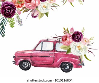 Watercolor Valentine's Day illustration w/ pink car & flower floral bouquet and corner / frame / border composition. Romance, romantic events, love card, wedding invitation, colorful auto, hand drawn.