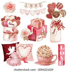 Watercolor valentines day set, romantic elements. Gift boxes, pink blush rose, pillows, chocolate mug, sweets and cookies, bunting tag. Hand-drawn illustration for wedding and bridal shower card