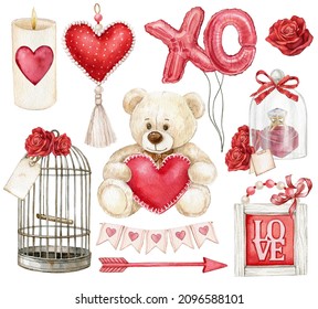 Watercolor valentines day set, romantic elements.Plush teddy bear, red rose, xoxo ballons, candle,birdcage,heart tags,red heart. Elegant style. Hand-drawn illustration. Wedding and bridal shower set - Powered by Shutterstock