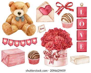 Watercolor valentines day set, romantic elements.Plush teddy bear, red rose bouquet, gift box, heart tags,chocolate candy. Elegant style. Hand-drawn illustration. Wedding and bridal shower set - Powered by Shutterstock