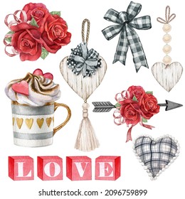 Watercolor valentines day set, romantic elements. Red rose bouquet, gift box, wooden heart,buffalo plaid,chocolate mug Elegant style. Hand-drawn illustration. Wedding and bridal shower set - Powered by Shutterstock