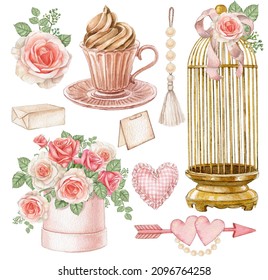 Watercolor valentines day set, romantic elements.Blush pink rose bouquet, vintage gold birdcage, coffee cup, heart, arrow. Elegant style. Hand-drawn illustration. Wedding and bridal shower set