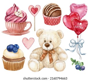 Watercolor valentines day set, romantic elements.White plush teddy bear, coffee mug, cupcake, gift box, chocolate candy. Elegant style. Hand-drawn illustration. Wedding and bridal shower set - Powered by Shutterstock