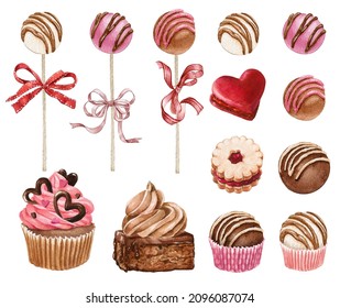 Watercolor Valentines Day sweets. Pink cupcake,cake pops,Pink sweets,heart cookie,chocolate candy. - Powered by Shutterstock