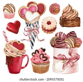 Watercolor Valentines Day sweets set. Cupcake, cake pops, Pink sweets, Heart Cookie, Red hot chocolate mug, brownie, Love Wedding graphics