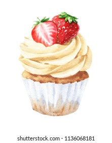 Watercolor Vanilla Cupcake With Strawberries, Hand Drawn Delicious Food Illustration, Isolated On White Background.