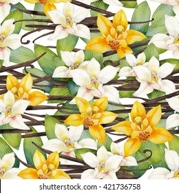 Watercolor vanilla flowers. Hand painted floral seamless pattern