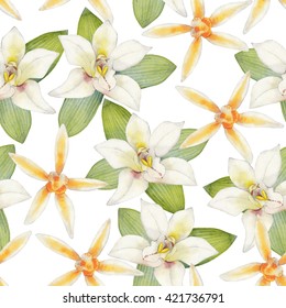 Watercolor Vanilla Flowers. Hand Painted Floral Seamless Pattern