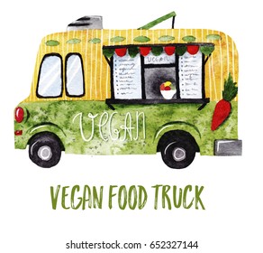 Watercolor Vegan Food Truck. Vegetarian Street Food
