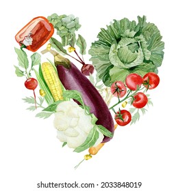 Watercolor Vegetable Love Hearts Composition. Farmer's Market. Round Composition Of Farm Products Fresh Organic Food For Printing On Local Poster, Brunch And Lunch Invitation Template, Flyer.