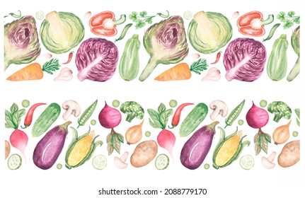 Watercolor Vegetable Seamless Borders Clipart, Kitchen Healthy Food Frame Illustration, Pepper, Cabbage, Cucumber, Organic Food, Culinary Clip Art, Garden Plants 