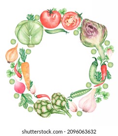 Watercolor Vegetable Wreath Clipart, Kitchen Healthy Food Frame Illustration, Peas, Cabbage, Carrot, Organic Food, Culinary Clip Art, Garden Plants 