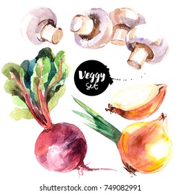 Watercolor Vegetables Set. Painted Isolated Natural Organic Fresh Eco Food Illustration On White Background. Veggies Design Of Mushrooms, Beets, Onions