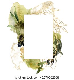 Watercolor vertical frame of gold and black olive branches. Hand drawn linear border of leaves and berries isolated on white background. Plant illustration for design, print, fabric or background.