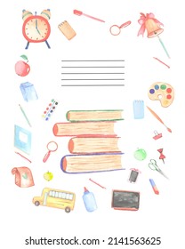 Watercolor Vertical Frame With School And Office Supplies And Tools. Cover For A School Notebook. Isolated Learning Objects: Bus, Books, Watch, Bell, Lunch Bag, Pens And Pencils