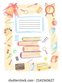 Watercolor Vertical Frame With School And Office Supplies And Tools. Cover For A School Notebook. Isolated Learning Objects: Bus, Books, Watch, Bell, Lunch Bag, Pens And Pencils