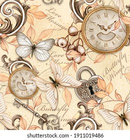 Watercolor Victorian Shabby Chic Vintage Steampunk Seamless Pattern