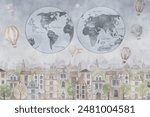 Watercolor Village Kit and Retro World Map Wallpaper Mural, for kids, old town, village, roofs, hot air balloons, educational, globe, earth, illustration, trees, soft blue