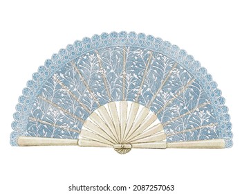 Watercolor Vintage Antique Blue Open Fold Hand Fan With Lace Pattern Isolated On White Background. Hand Drawn Illustration Sketch