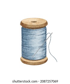 Watercolor Vintage Antique Blue Wooden Bobbin Of Thread With Steel Needle For Sewing Pattern Isolated On White Background. Hand Drawn Illustration Sketch