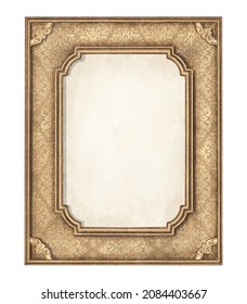 Watercolor Vintage Antique Golden Rectangular Frame With Ornate Pattern And Empty Space Isolated On White Background. Hand Drawn Illustration Sketch