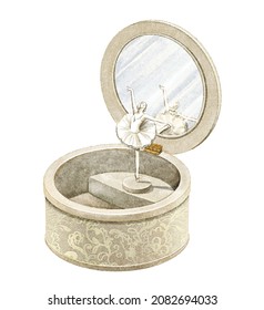 Watercolor Vintage Antique Music Box For Jewelry With Mirror And Dancing Ballerina Isolated On White Background. Hand Drawn Illustration Sketch