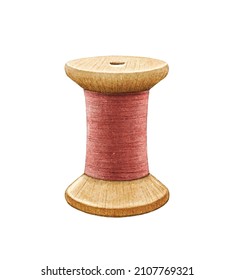 Watercolor Vintage Antique Red Wooden Bobbin Of Thread For Sewing Isolated On White Background. Hand Drawn Illustration Sketch