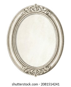 Watercolor vintage antique silver oval frame with ornate pattern isolated on white background. Hand drawn illustration sketch