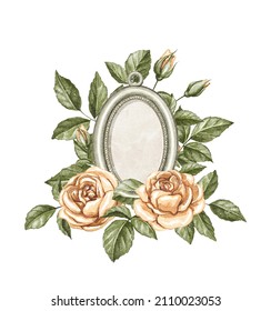Watercolor vintage antique silver oval frame pendant with empty space on chain and orange flowers roses with green leaves isolated on white background. Hand drawn illustration sketch