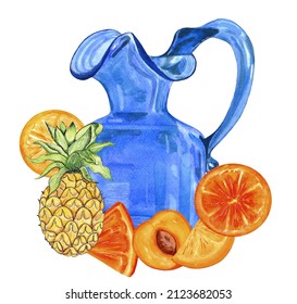 Watercolor vintage blue colored glass pitcher and ripe fresh summer orange fruits. Blue glassware, jug of water or juice.