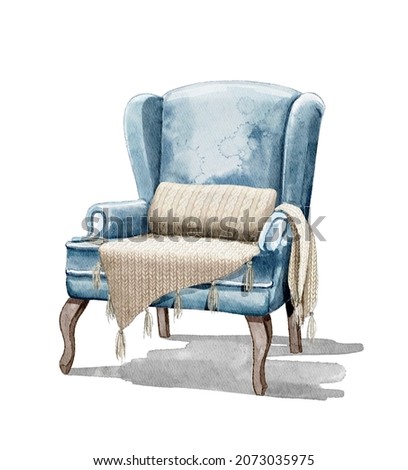 Watercolor vintage blue cozy armchair with soft knitted blanket and pillow isolated on white background. Hand drawn illustration sketch