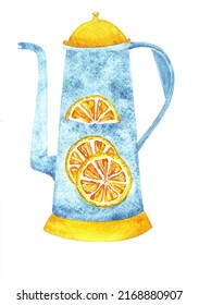 watercolor vintage blue jug with a long spout and painted lemons, oranges on it. Template for soft drinks and tea. Hand-painted tea jug on a white background.
