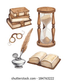 Watercolor vintage books, glasses, sand hourglass and ink pen  illustrations 