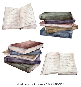 Watercolor vintage books set. Hand painted stack of books isolated on white background. Illustration for design, print, fabric or background.